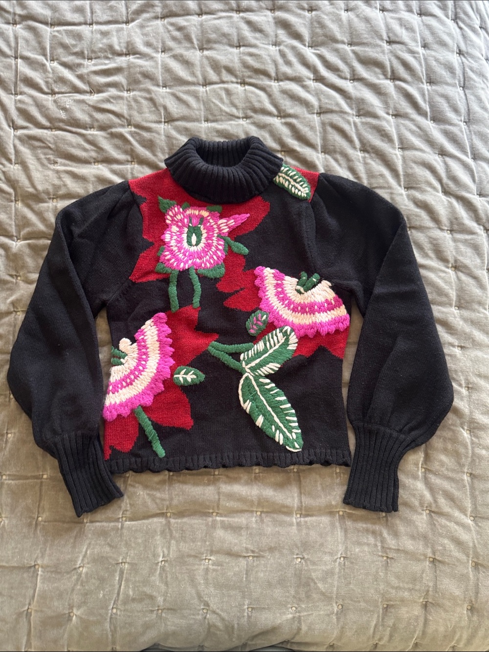 FARM Rio Black Turtleneck Sweater with Pink & Red Floral Embroidery